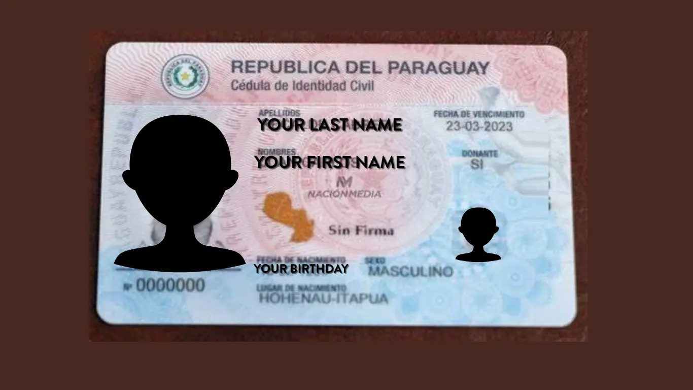 Sample Paraguayan Cédula de Identidad Civil card showing the layout, photo area, and information fields